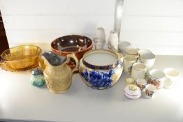 BOX CONTAINING VARIOUS CERAMICS INCLUDING ROYAL COMMEMORATIVE JUGS, ROYAL DOULTON FLORAL PLANTER,