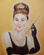 After Bill Tipton, Portrait of Audrey Hepburn, reproduction oil on canvas, 75 x 60cm, unframed