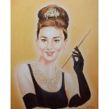 After Bill Tipton, Portrait of Audrey Hepburn, reproduction oil on canvas, 75 x 60cm, unframed