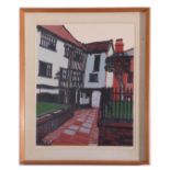 H.J. Jackson, British, Architectural composition, Tombland Alley, Linocut on paper, signed and