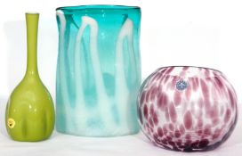 Three Art glass vases, one with label for Kastrup Glass, and further green coloured glass with white