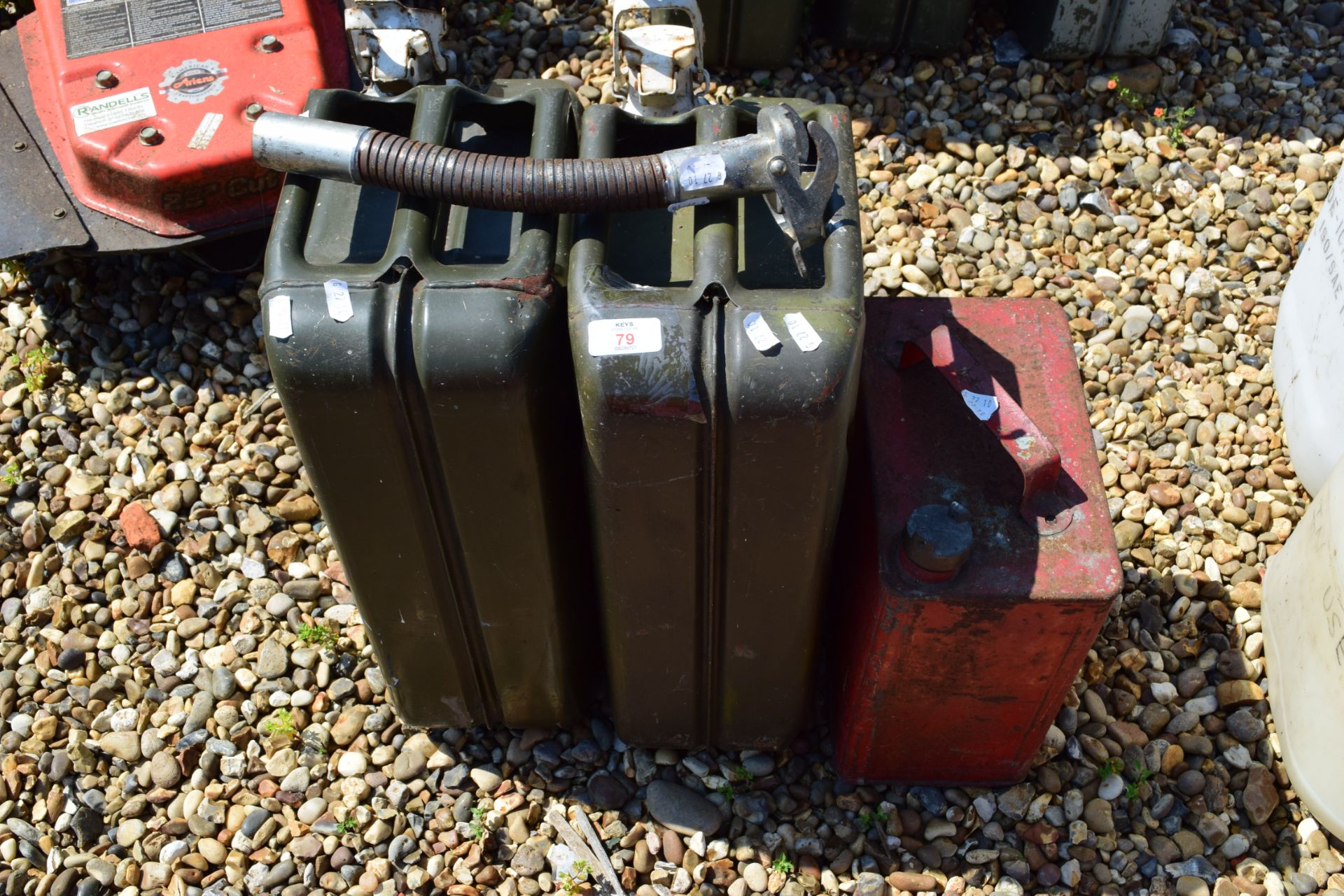TWO 20LTR JERRY CANS WITH A SPOUT ATTACHMENT AND ONE OTHER JERRY CAN