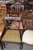 19TH CENTURY MAHOGANY BAR BACK DINING CHAIR WITH GREEN TAPESTRY SEAT AND TURNED LEGS AND X-FORMED
