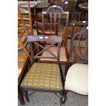 19TH CENTURY MAHOGANY BAR BACK DINING CHAIR WITH GREEN TAPESTRY SEAT AND TURNED LEGS AND X-FORMED