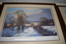 JOHN TRICKETT, COLOURED PRINT, WINTER SHOOTING SCENE WITH BRIDGE, LTD ED 73/850, SIGNED IN PENCIL