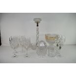 MIXED LOT: VARIOUS DRINKING GLASSES, CLEAR GLASS CENTREPIECE AND A HEAVY CUT LEAD CRYSTAL PEDESTAL