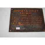 CAST IRON PLAQUE MARKED "SOMERSET AND DORSET RAILWAY"