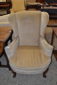 MUSHROOM UPHOLSTERED WINGBACK CHAIR ON CABRIOLE LEGS