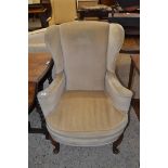 MUSHROOM UPHOLSTERED WINGBACK CHAIR ON CABRIOLE LEGS