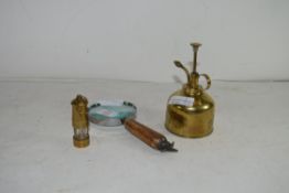 VINTAGE HORN HANDLED MAGNIFYING GLASS, SMALL BRASS SPRAYER AND A MODEL OF A MINER'S LAMP (3)