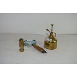 VINTAGE HORN HANDLED MAGNIFYING GLASS, SMALL BRASS SPRAYER AND A MODEL OF A MINER'S LAMP (3)