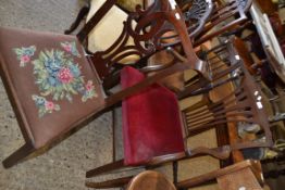 LARGE 19TH CENTURY MAHOGANY CARVER CHAIR WITH RED UPHOLSTERED SEAT, 94CM HIGH TOGETHER WITH A