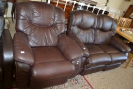 MODERN BROWN LEATHER TWO SEATER RECLINER SOFA, 165CM WIDE TOGETHER WITH AN ACCOMPANYING ARMCHAIR