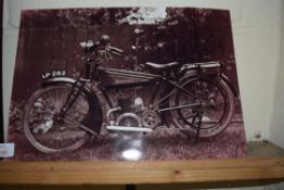 LARGE BLACK AND WHITE PHOTOGRAPH OF AN ALLDAYS ALLON MOTORBIKE, UNFRAMED 50CM WIDE