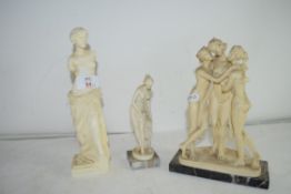 THREE SMALL COMPOSITION FIGURES OF CLASSICAL NUDE LADIES SET ON HARDSTONE BASES