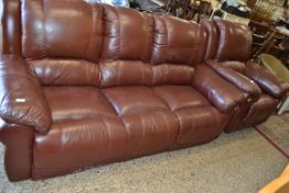 BROWN LEATHER THREE SEATER SOFA AND ACCOMPANYING RECLINER CHAIR