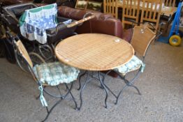 METAL FRAMED RATTAN TABLE AND CHAIR SET, TABLE APPROX 79CM DIAM