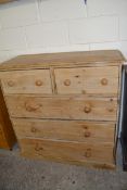 19TH CENTURY PINE CHEST WITH TWO SHORT AND THREE LONG DRAWERS FITTED WITH TURNED KNOB HANDLES, 110CM