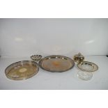 MIXED LOT VARIOUS SILVER PLATED WARES TO INCLUDE TWO GALLERIED TRAYS, BUTTER DISH ETC