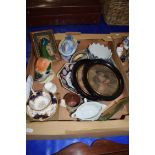 BOX OF MIXED WARES TO INCLUDE REPRODUCTION PAINTED RELIGIOUS ICON TYPE PICTURE, A COALPORT FLORAL