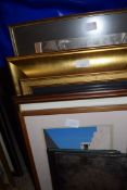 MIXED LOT OF FRAMED PHOTOGRAPHIC PRINT OF A HARBOUR SCENE PLUS VARIOUS MODERN PRINTS, NEEDLEWORK