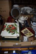 BOX OF MIXED WARES TO INCLUDE ROBERTS RADIO, PLACE MATS, SHAVING MIRROR, WHITE METAL MOUNTED BEDSIDE