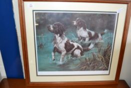 JOHN TRICKETT, COLOURED PRINT, TWO SPANIELS, LTD ED 68/500, SIGNED LOWER RIGHT, IMAGE SIZE 48 X