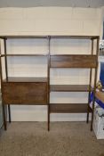 RETRO DARK STAINED ROOM DIVIDER SHELF UNIT WITH INTEGRAL DRINKS CABINET AND DRAWERS