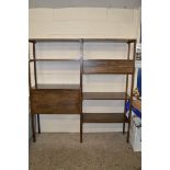 RETRO DARK STAINED ROOM DIVIDER SHELF UNIT WITH INTEGRAL DRINKS CABINET AND DRAWERS