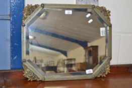 OCTAGONAL WALL MIRROR WITH PRESSED DECORATION METAL SURROUND, APPROX 55 X 45CM