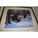 JOHN TRICKETT, COLOURED PRINT, FOX IN SNOW, LTD ED 464/850, SIGNED IN PENCIL LOWER RIGHT, FRAMED AND