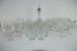 BOX OF VARIOUS CUT GLASS DRINKING GLASSES, ONION FORM DECANTER ETC