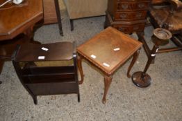 MIXED LOT: WALNUT VENEERED OCCASIONAL TABLE, DARK STAINED WOOD MAGAZINE RACK AND A PEDESTAL ASHTRAY