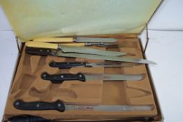 CASED GROUP OF VARIOUS CARVING KNIVES, STEAK KNIVES AND FORKS ETC, SOME APPEAR UNUSED