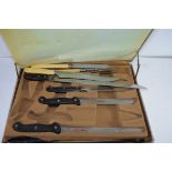 CASED GROUP OF VARIOUS CARVING KNIVES, STEAK KNIVES AND FORKS ETC, SOME APPEAR UNUSED