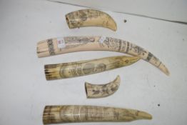 FIVE VARIOUS REPRODUCTION COMPOSITION SCRIMSHAW TUSKS AND TEETH