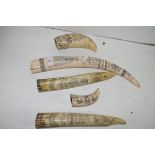 FIVE VARIOUS REPRODUCTION COMPOSITION SCRIMSHAW TUSKS AND TEETH