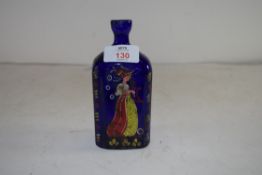 19TH CENTURY OVERPAINTED BLUE GLASS BOTTLE DECORATED WITH A LADY AND FLOWERS