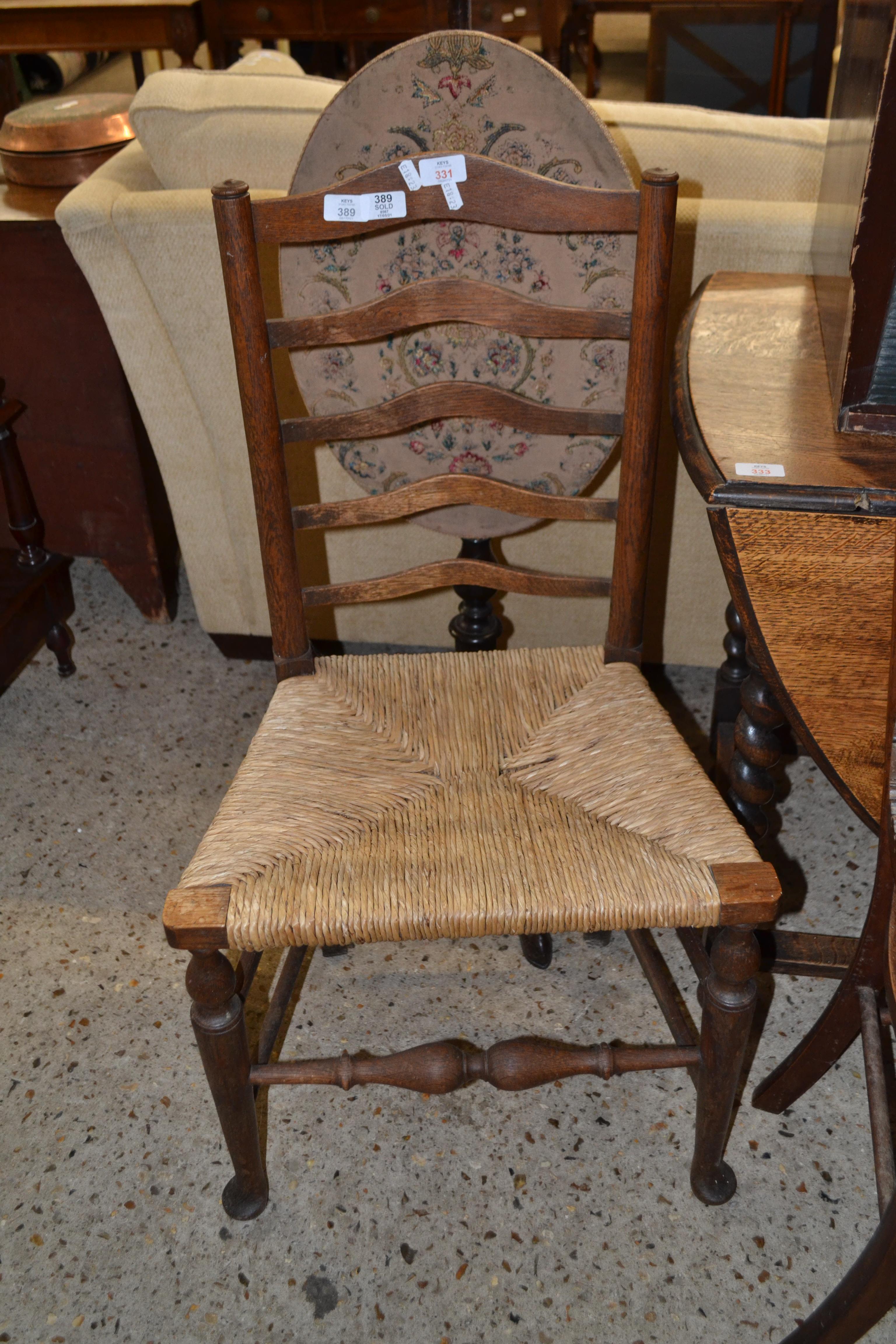 EARLY 20TH CENTURY RUSH SEAT LADDERBACK CHAIR, HEIGHT APPROX 94CM