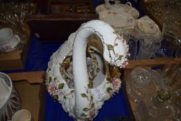 IMPRESSIVE FLORAL ENCRUSTED CAPO DI MONTE FIGURE OF A SWAN, HEIGHT APPROX 42CM PLUS TWO OTHERS