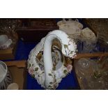 IMPRESSIVE FLORAL ENCRUSTED CAPO DI MONTE FIGURE OF A SWAN, HEIGHT APPROX 42CM PLUS TWO OTHERS