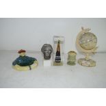 MIXED LOT: COMPOSITION MINIATURE GLOBE, A BP PAPERWEIGHT FILLED WITH CRUDE OIL, A REPRODUCTION