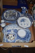 BOX OF VARIOUS MIXED BLUE AND WHITE CERAMICS TO INCLUDE 19TH CENTURY WILLOW PATTERN STRAINERS,