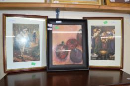 TWO FRAMED PRINTS TOGETHER WITH A MXIED MEDIA ABSTRACT, STILL LIFE OF FRUIT BEARING SIGNATURE E