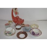 ART DECO STYLE PLASTERWORK FIGURE TOGETHER WITH A COLLECTION OF VARIOUS MIXED TEA WARES