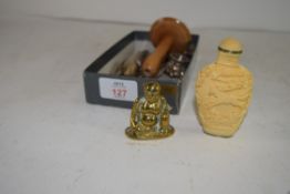 MIXED LOT: COMPOSITION ORIENTAL SNUFF BOTTLE, SMALL BRASS BUDDHA, SILVER PLATED TEA SPOONS ETC