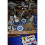 MIXED LOT: PEWTER TEA POT, PEWTER COFFEE POT, VARIOUS BLUE AND WHITE CHINA WARES, SILVER PLATED MEAT