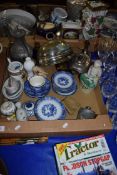 MIXED LOT: PEWTER TEA POT, PEWTER COFFEE POT, VARIOUS BLUE AND WHITE CHINA WARES, SILVER PLATED MEAT