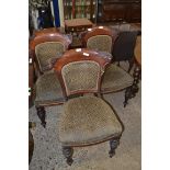 SET OF THREE VICTORIAN MAHOGANY DINING CHAIRS, WITH SHAPED BACKS, UPHOLSTERED IN GREEN FABRIC,