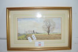 ARTHUR PANK - THE CHURCH ACROSS THE FIELDS, WATERCOLOUR, 19 X 10CM, FRAMED AND GLAZED